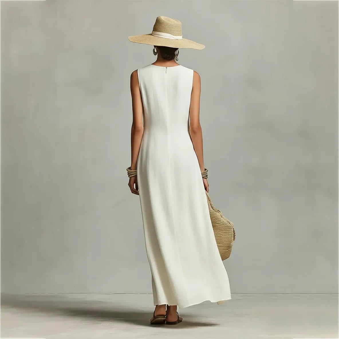 Womens New O Neck Loose Maxi Dress Casual Asymmetrical Hem Long Dresses Elegant Sleeveless Summer Beach Vacation Sundress Female