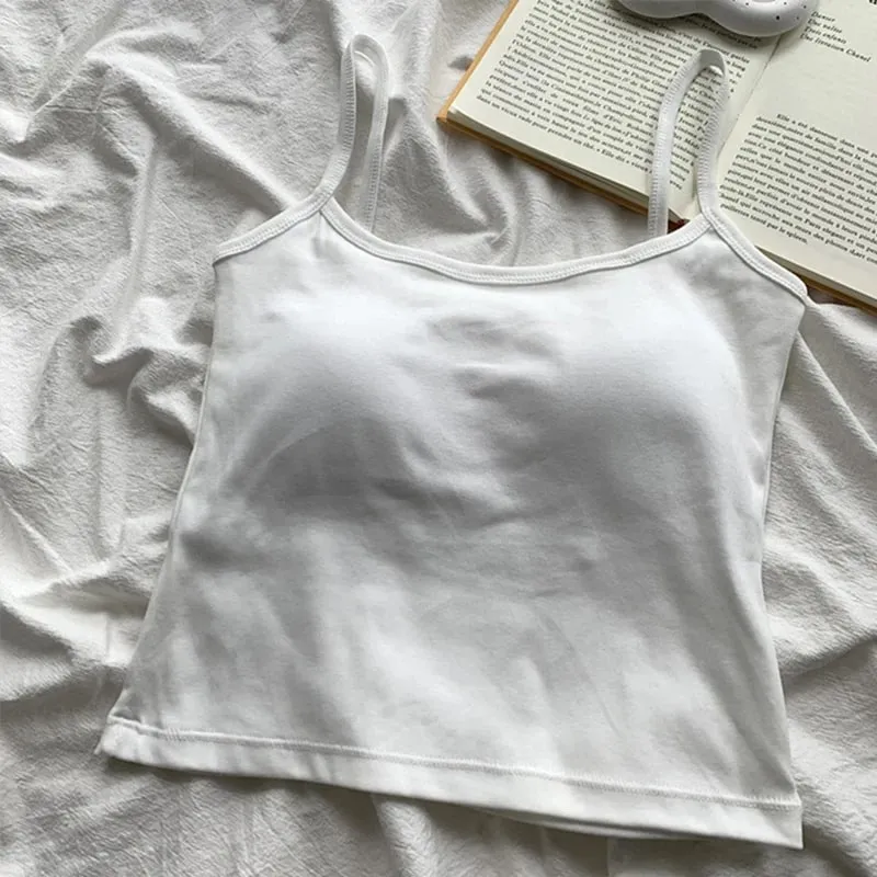 Women's Camisole With Built In Bra Pads Slim Fit Crop Tank Top Basic Spaghetti Strap Cami Casual Summer Sleeveless Top