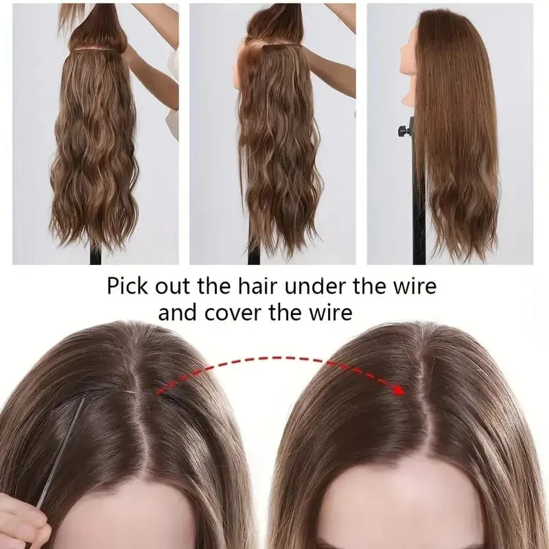 18Inch Synthetic Long Curly Fish Line Hairpiece Invisible Wire Halo Hair Extensions Heat Resistant Fluffy for Daily Styling