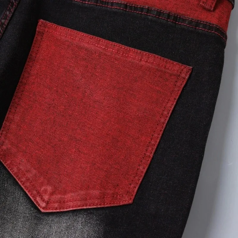 Streetwear Men Patch Ripped Jeans Black Red Design Slimming Men's Clothing Stretch Cozy Denim Pants Hip Hop Trend Trousers