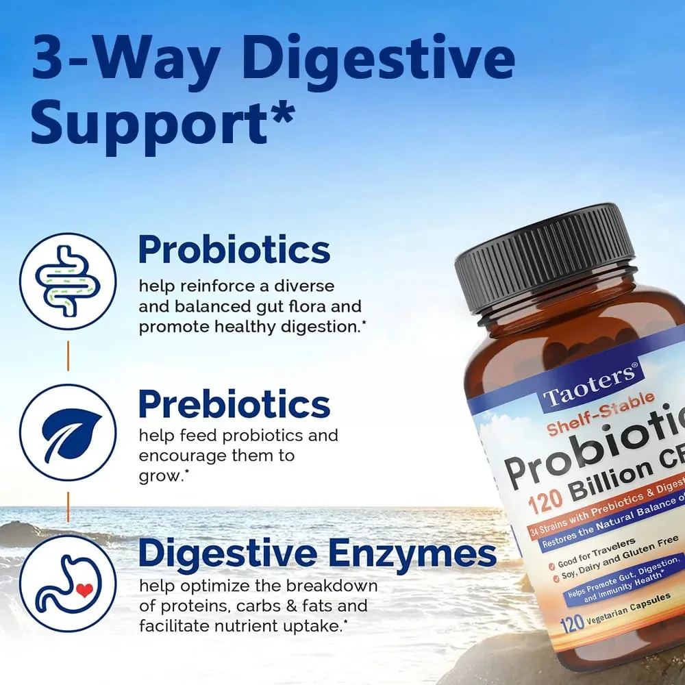 3-in-1 Probiotics Capsules 120 Billion CFUs 34 Strains with Organic Prebiotics & Digestive Enzymes Digestion & Immunity Health