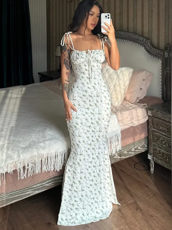Hugcitar-Vestido largo sin mangas con estampado Floral, Espalda descubierta, con cordones, Sexy, ceñido al cuerpo, trajes elegantes para fiesta de vacaciones, venta al por mayor