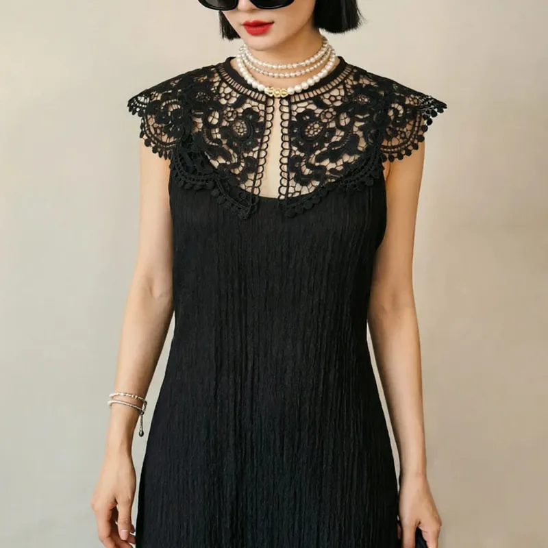 Pleated Sleeveless Elastic Long Dresses Women Vintage Palace Style Womens Black White Doll Fake Collar Soft Midi Dress Clothing