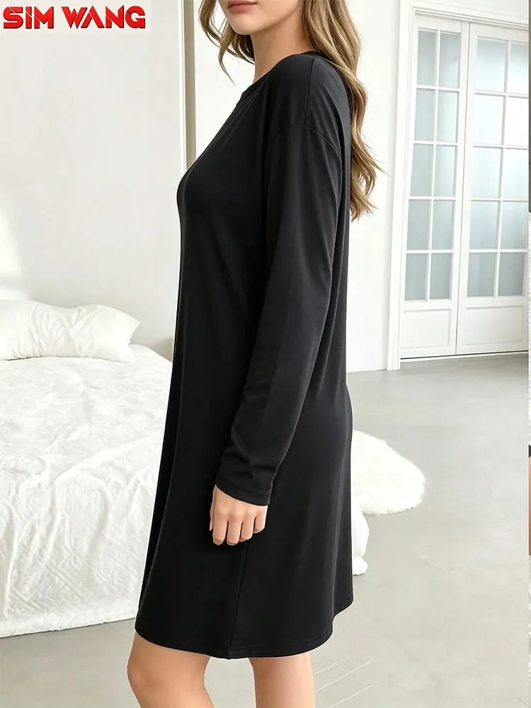 Long-Sleeved Dress for Women. Loose Round-Neck Long-Style Solid-Color Basic Home-Style Casual Dress.