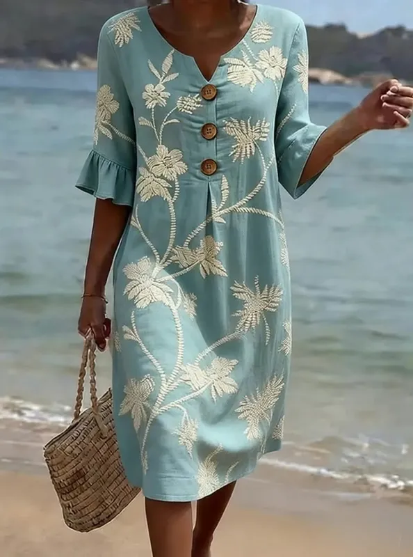 Summer Woman Dress V Neck Button Front Dresses Loose Fit Casual Dress Ruffle Sleeve Floral Dress Vine Pattern Women's Embroidery