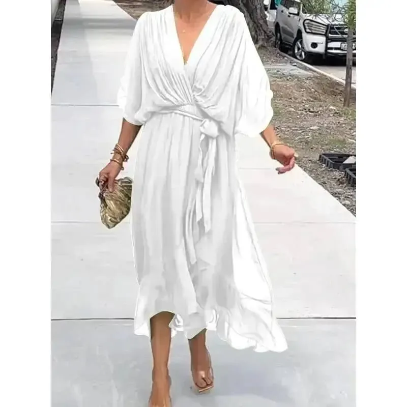 Stylish Elegant Chiffon Casual Solid Lace Up Dress Women V-Neck Bat Sleeves Irregulares Midi Dresses Summer Resort Wear