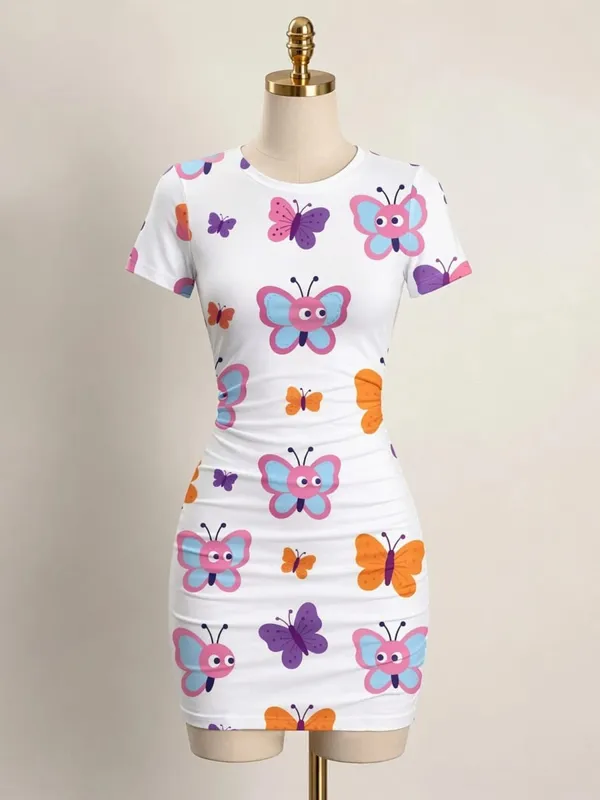 Womens Short Sleeve Bodycon Mini Dress Slim Fit Crew Neck Floral Print Casual Summer Party Cute Smooth Weekend Vacation Sundress