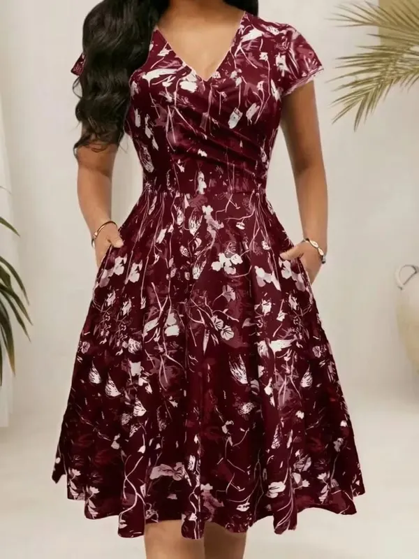 Elegant Floral Printed V-Neck Mid-Length Pocket Dress Polyester Blends for Spring Summer Autumn Three Season Women's Dress