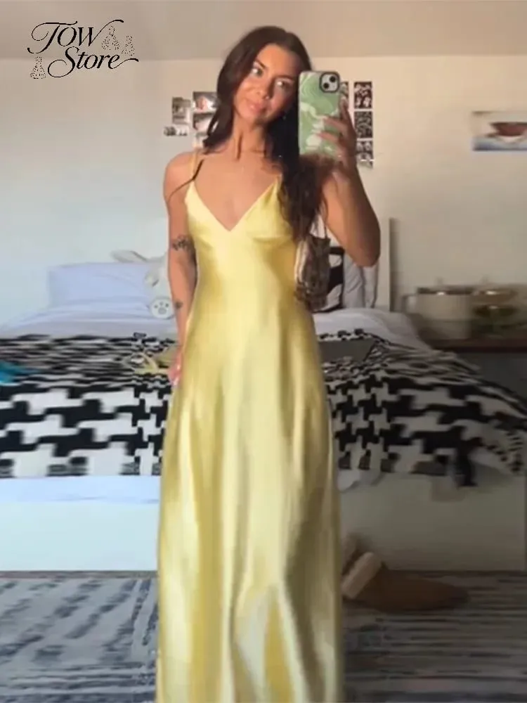 Women Solid Satin Sling Long Dress Casual Backless Sleeveless V-neck Pleated Gowns 2026 Summer Vacation Evening Party Robes
