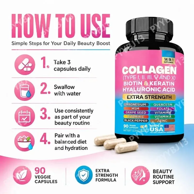 Collagen Biotin Keratin Hyaluronic Acid Capsules Extra Strength with Vitamins A C E and Zinc Skin Health 90 Capsules