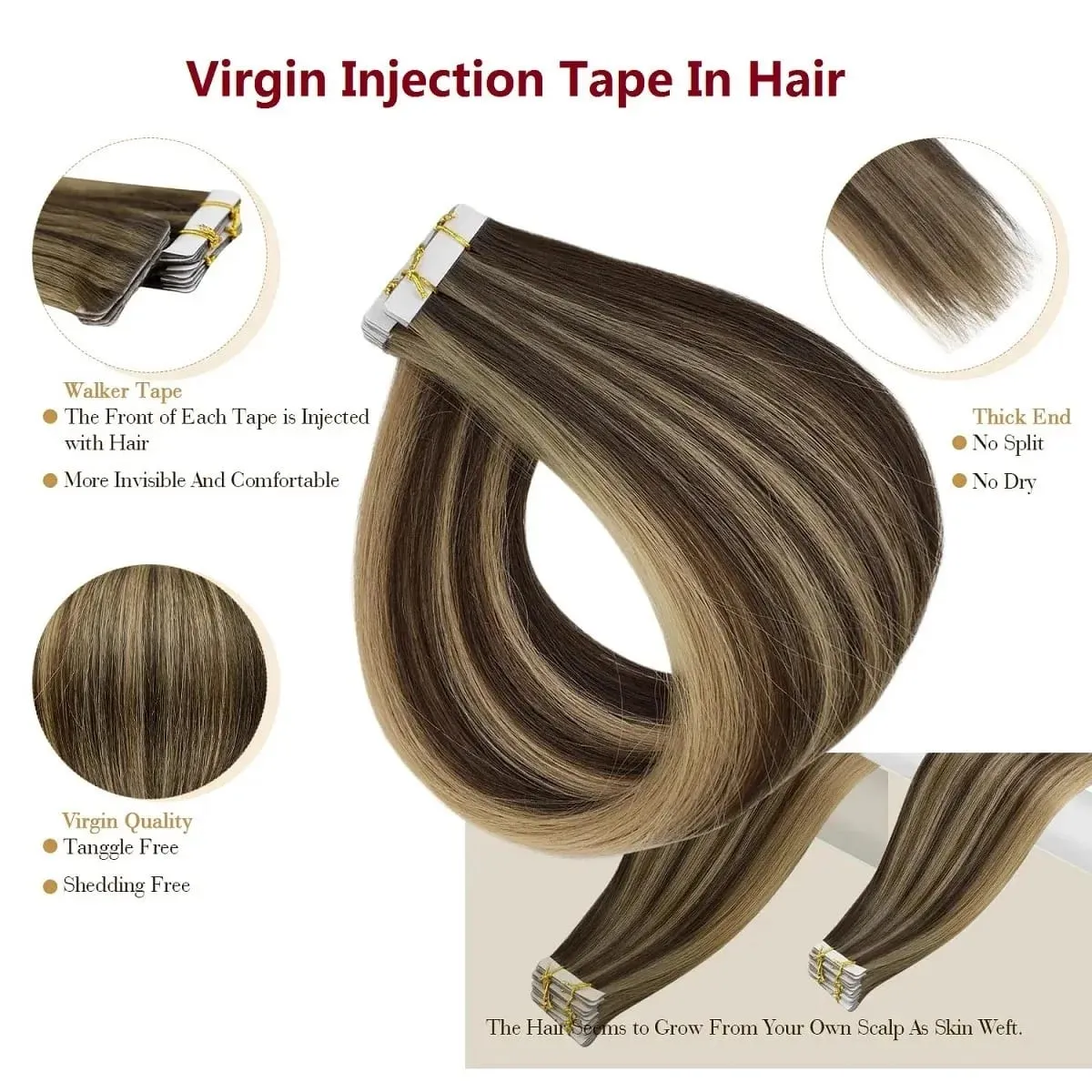 Invisible Tape In Hair Extensions 100% Remy Human Hair Piano Color Brown Mixed Honey Blond Tape Ins Hair Extensions