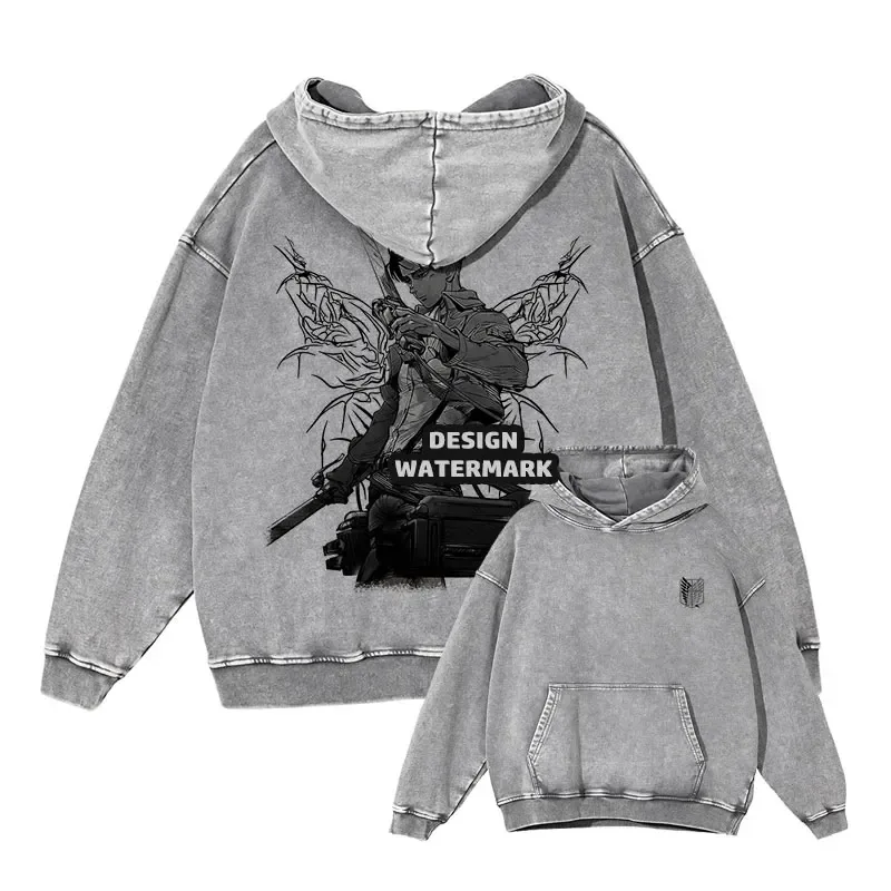 Anime Levi Hoodies Vintage Washed A-Attack on Titan Hoodie Casual Manga Yeager Eren Kapuzenpullover Titan Attack Pullover