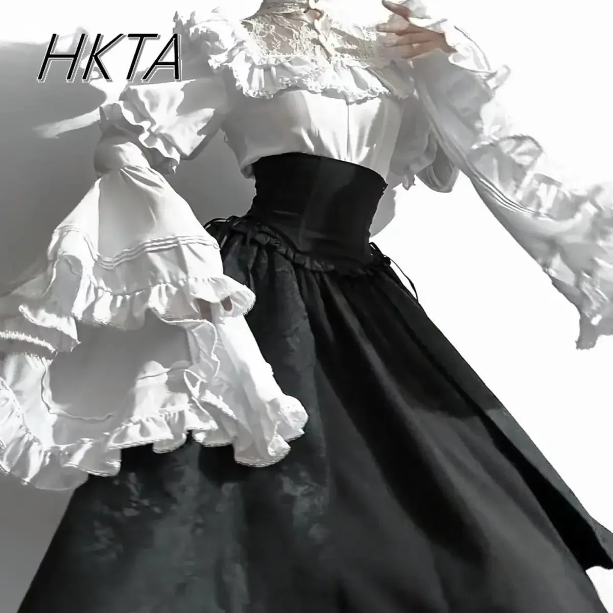 Gotická košile Y2k Top Lolita Dívčí Volánková Sukně Deštník Vysoký Pas Oversized Dlouhá sukně Rohový Dlouhý rukáv Studentská Elegantní halenka