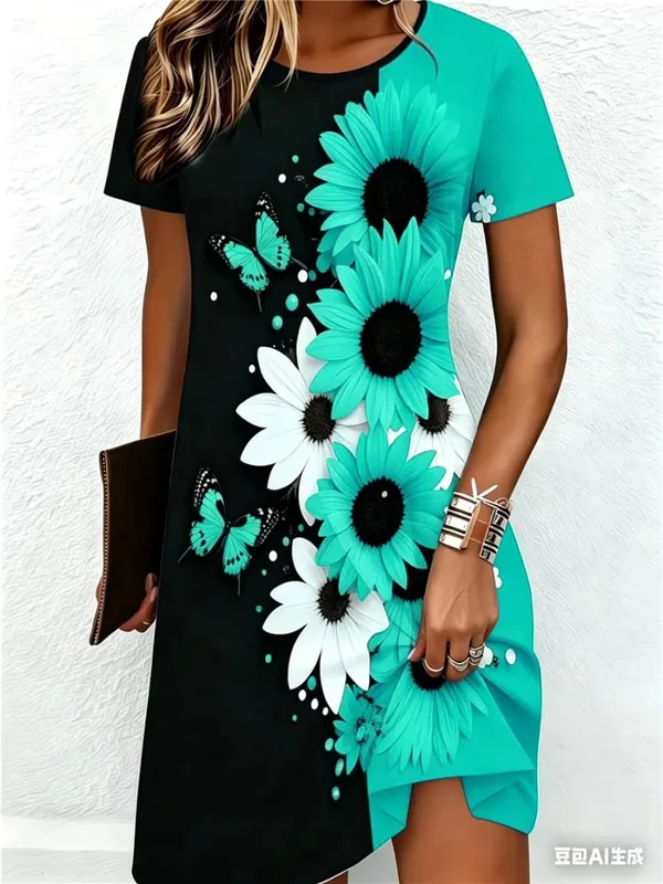 Street Hip Hop Flowers And Butterflies Women Mini Dresses Summer Short Sleeve 3D Printed Fashion Dress 3XL Big Size Casual Dress