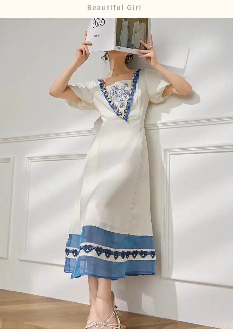 2026 Fashion Vintage Mesh Spliced French Waist Dress Summer New Square Neck Ruffle White Long Dress For Women，Wholesale Support