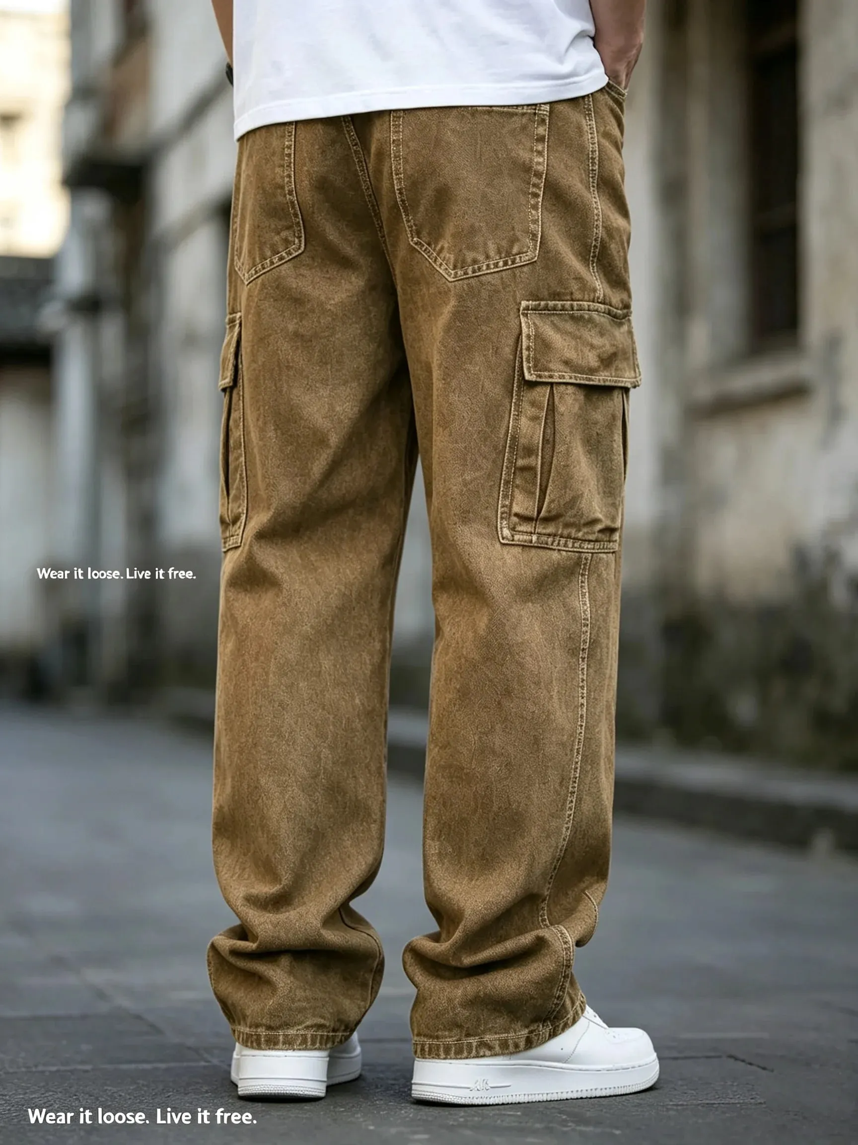Men Baggy Cargo Jeans Retro Army Style Loose Fit Multi‑Pocket Denim Trousers Men's Casual Daily Outdoor Street Work Pants