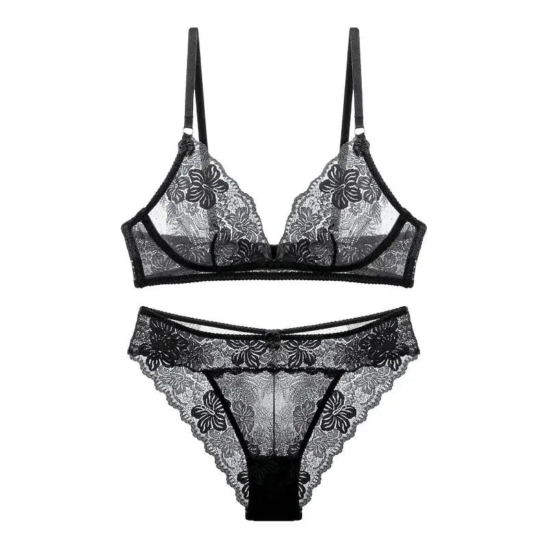 Sexy Black Lace Lingerie Set for Women Comfortable Wireless Bra & Panty Set Large Size