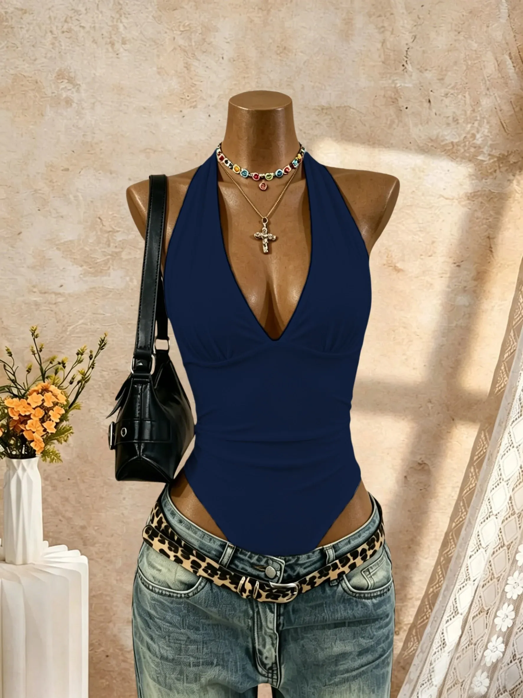 Women Halter Deep V Neck Ruched Slim Fit High Cut Bodysuit 2026 Summer Y2K Streetwear Sleeveless Tank Top