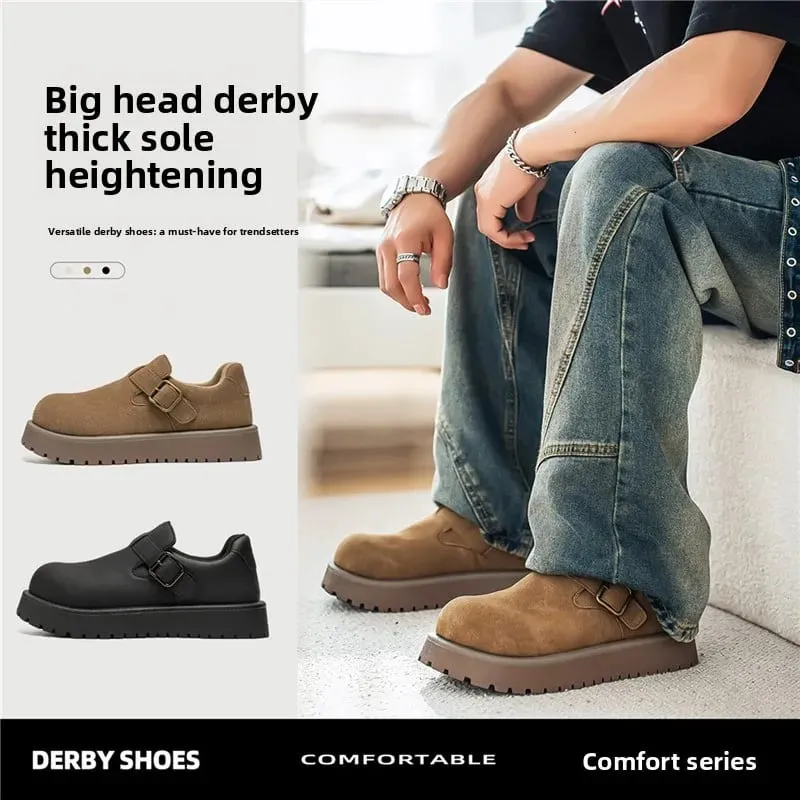 2026 New Men Fashion Chunky Platform Derby Shoes Black Anti‑Slip Height Increasing Buckle Strap Big Toe Casual Sneakers