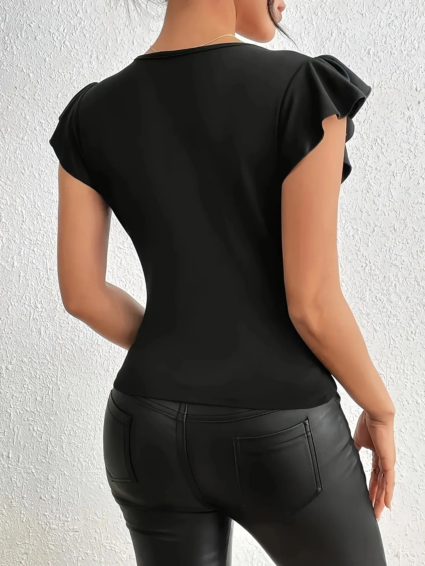 Sexy Deep V Sheer Mesh Patchwork Flutter Sleeve Slim Fit Bodysuit — image 3