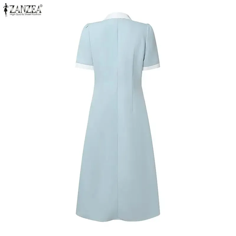 2026 ZANZEA Summer Elegant Lapel Neck Short Sleeve Sundress Women Stylish A Line Pleated Dresses Patchwork Work Midi Dress Robe