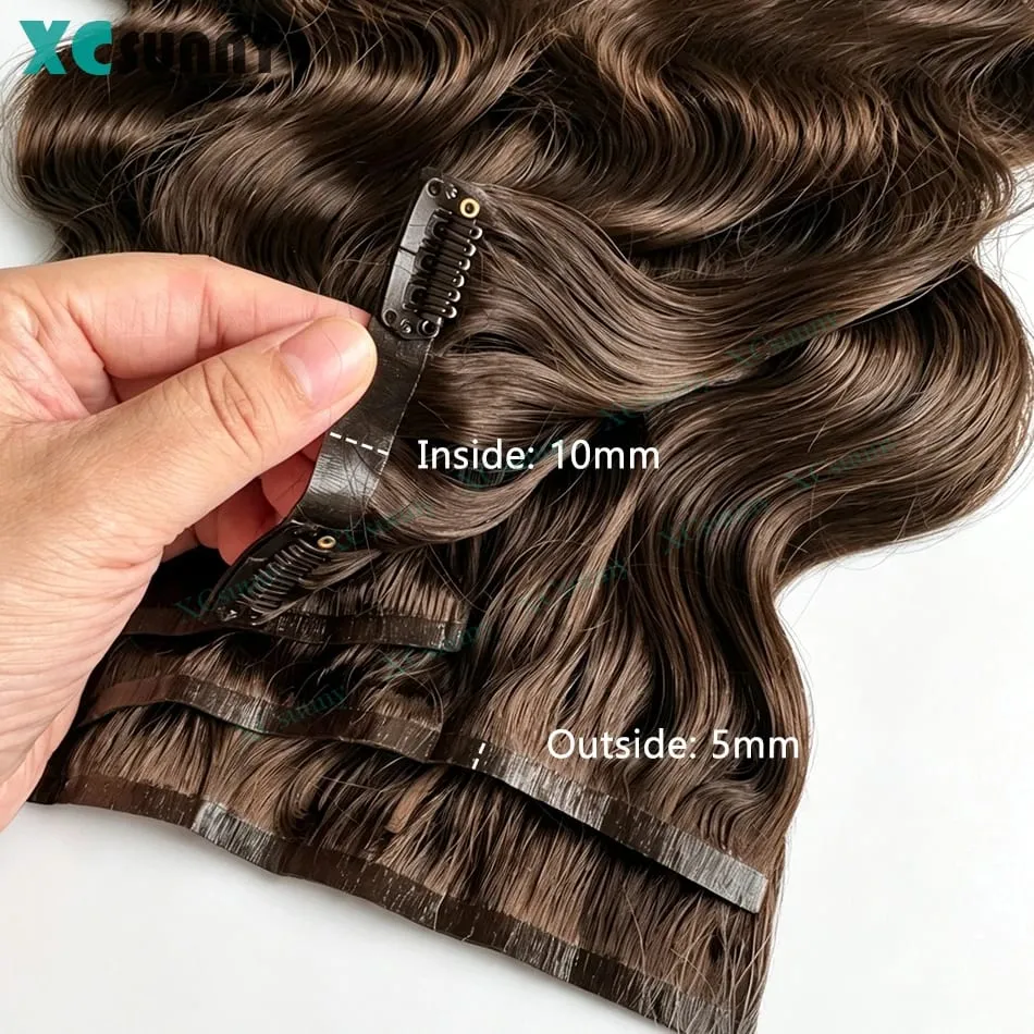 PU Clip Ins Human Hair Extensions Body Wave Chocolate Brown Color 4 Seamless Skin Weft Clip Ins for Women 100g- 240g