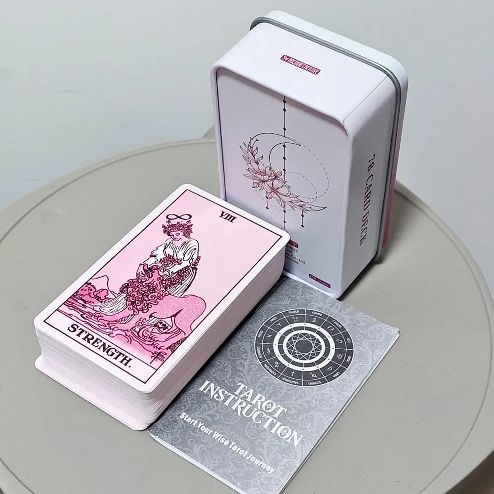 Rose Rider Tarot Deck in Tin Box - 11*6.2cm 78 Classic Vintage Pink Tarot Cards with Guidebook Aesthetic Rose Pink