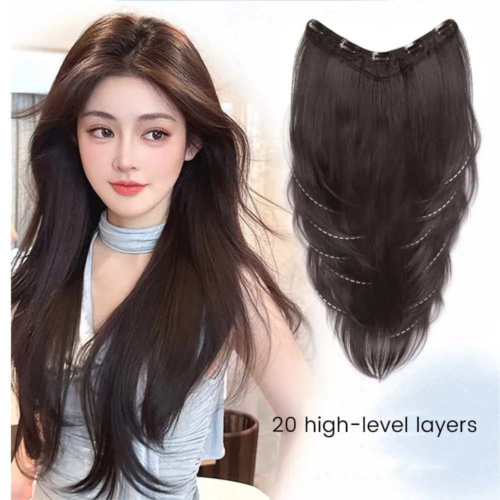 26Inch Synthetic Long Straight Layered V-Shaped Clip-in Hair Extension 4 Clip Heat Resistant Hairpiece for Women Daily Party