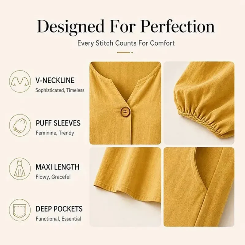 Vintage Casual Long Dress Women V Neck Wrist Puff Sleeve Loose Beach Holiday Dresses Women Casual Button Up Maxi Dresses Robe