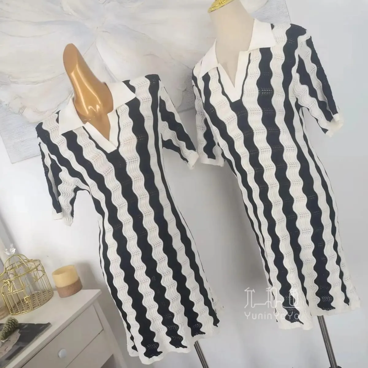 Polo Collar Half Vneck Wave Stripe Knit Dress Women Hollow Jacquard H-line Straight Short Dress Summer Elegant Ladies Mini Dres