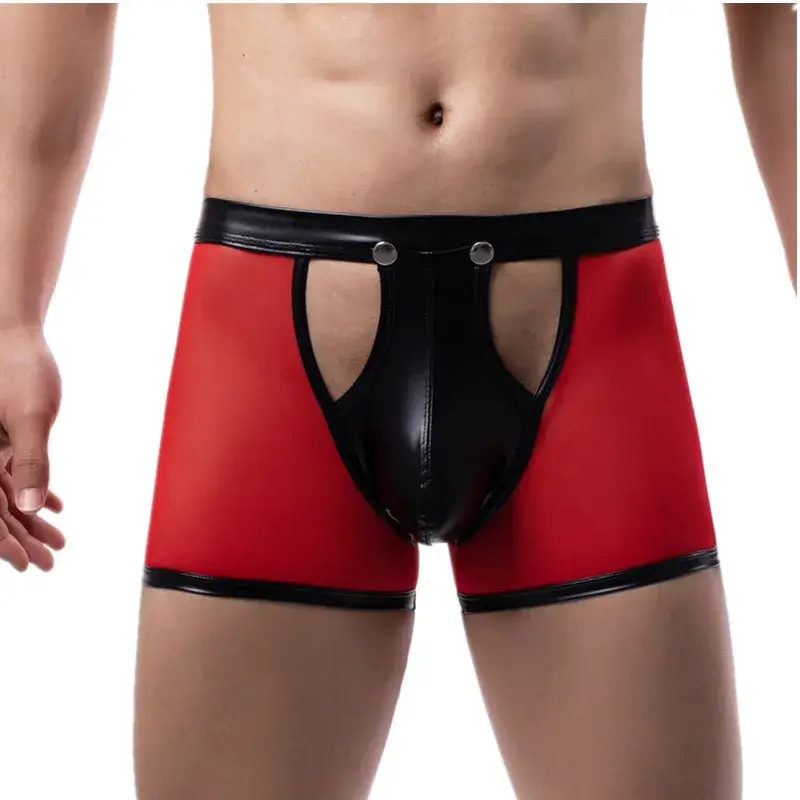 Herren Boxershorts Transparent Mesh Unterwäsche Mann Höschen Kunstleder Abnehmbare Schnalle Beutel Unterhose Cueca Calzoncillo