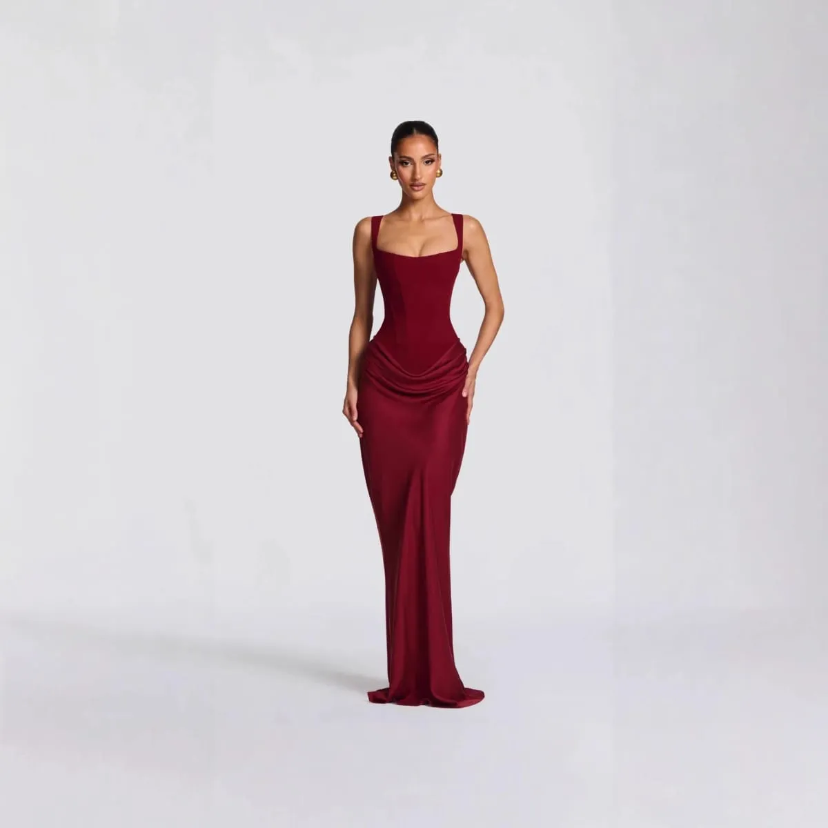 Musim Bunga Merentas Sempadan 2026 Pakaian Panjang Tali Tulang Ikan Fit Slim Wanita Gaun Bodycon Warna Tulen Gaun Tanpa Bahu Gaya Seksi