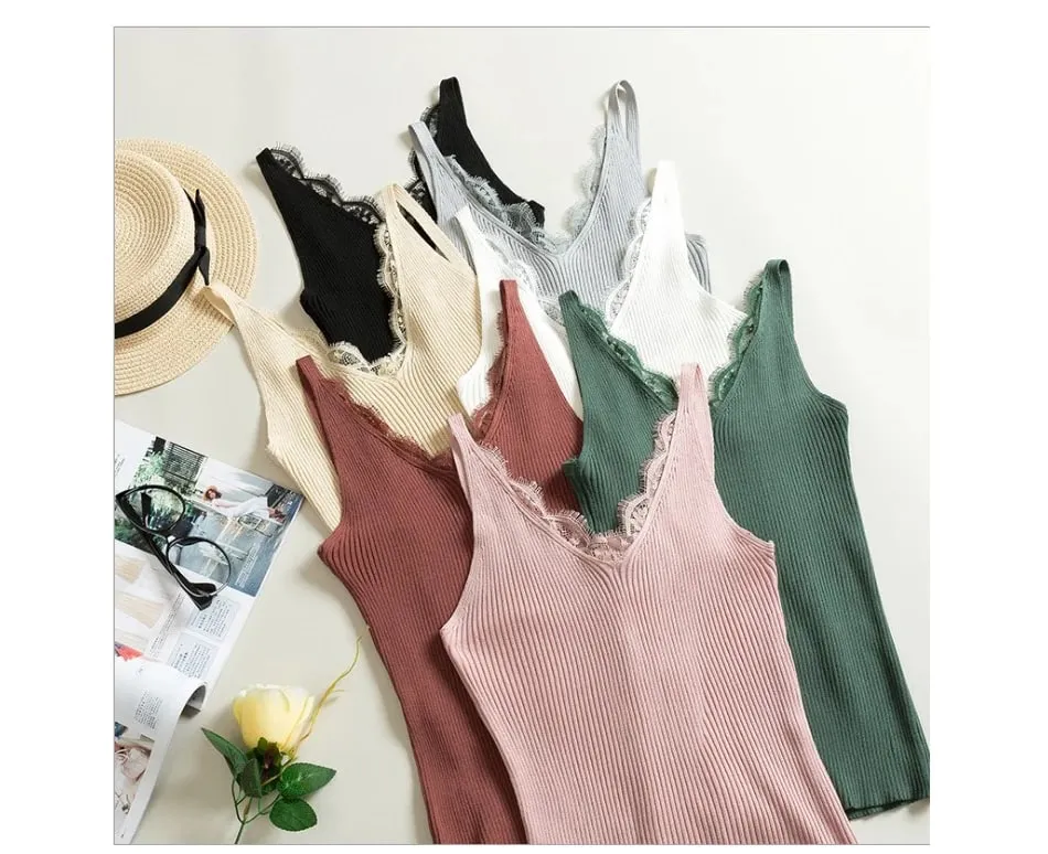 2026 Summer Casual Tops Solid Stitching V-neck Camis Women Hook Flower Lace Tank Female Knitted Short Slim Sleeveless Shirt