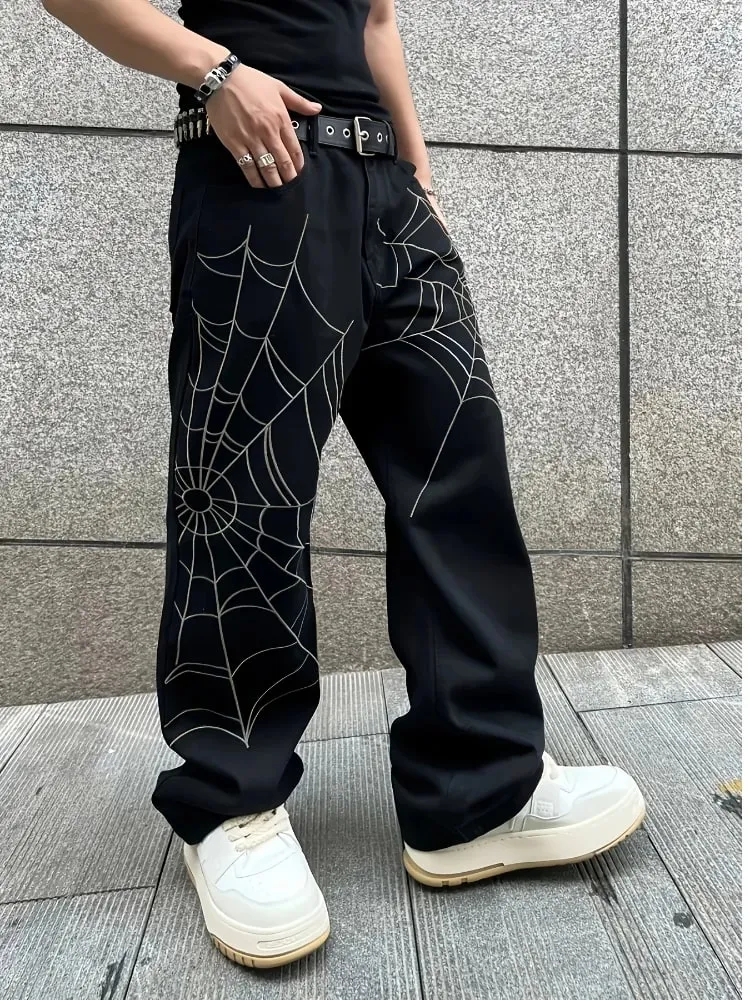 Men's Black Jeans Spider Web Printing Loose Wide Leg Casual Daily Trousers High Street Fashion Trendy Streetwear Denim Pants