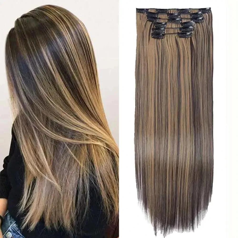 24 Inches Long Synthetic Hairpieces for Women 6Pcs Medium Brown Blonde Highlights Clip In Natural Thick DIY Styling Fiber Hair