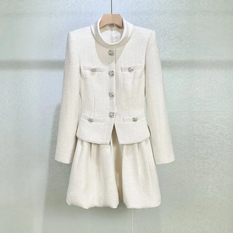 2026 Spring New Arrival Tweed Stand Collar Long Sleeve Faux Two-Piece Tulip Dress - High-Quality Fashionable Elegant Mini Skirt