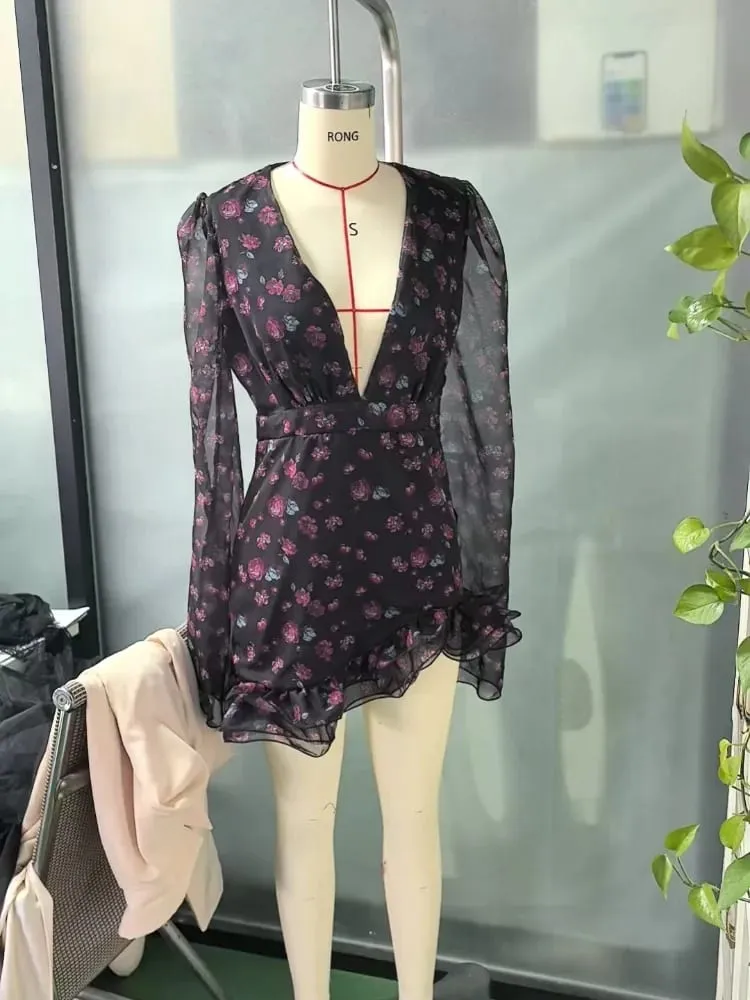 Women Sexy Flora Painted Ruffle Slim Dress Lady Chic Long Sleeves Deep V-neck A-line Short Dresses 2026 Night Club Street Gown