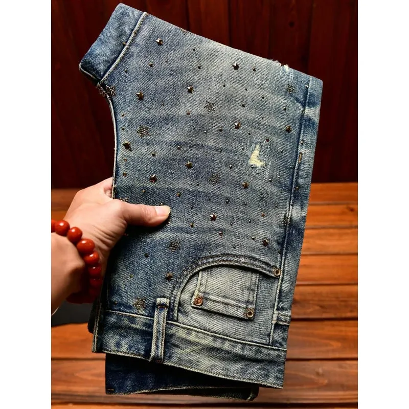 Fashionable light luxury jeans with men's patch design trendy retro elastic ripped pants