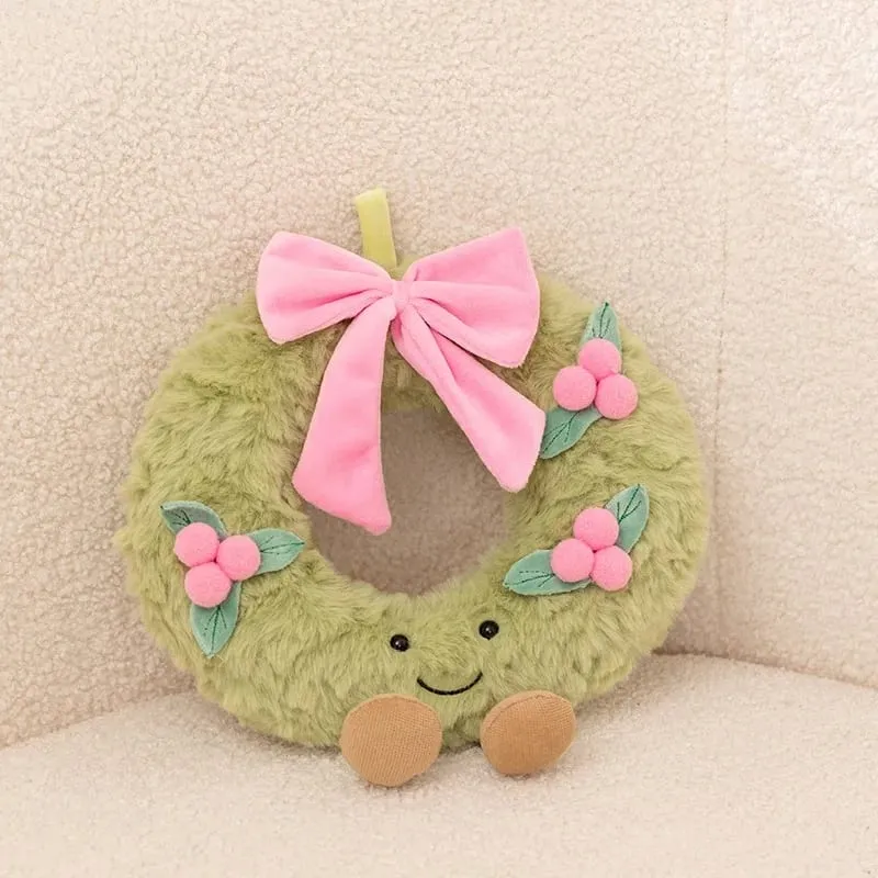 Sweet Green Wreath Plush Toy Stuffed Smiling Humanoid Pink Bow Tie Plushie Kawaii Home Decor Christmas Gift