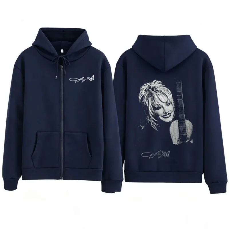 Dolly Parton Country Music Guitar Zipper Hoodies Men Women Fashion Long Sleeve Oversized Zip Up Hooded Sweatshirts Jackets Coats