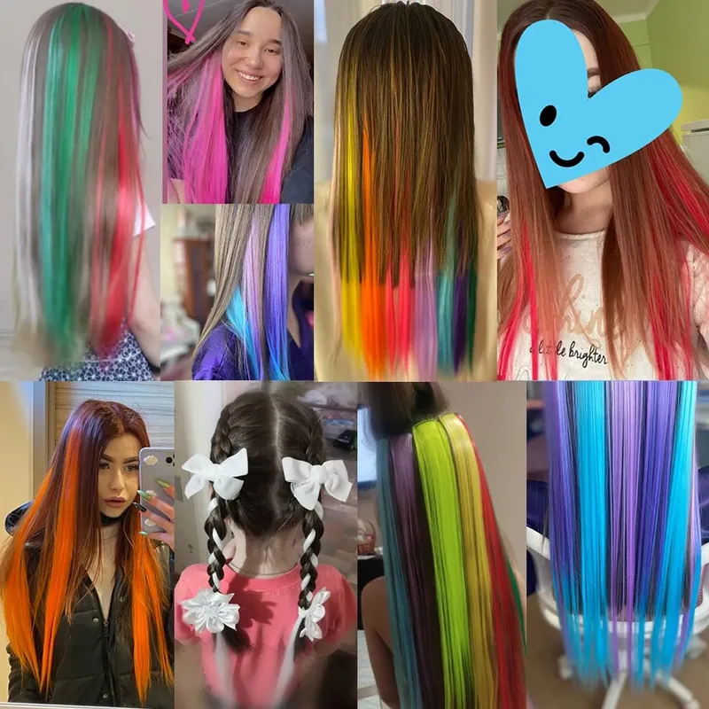 Lupu Synthetic Colorful Highlight Εξτένσιον μαλλιών Rainbow Κλιπ σε ένα κομμάτι 22 ιντσών μακριά ίσια ψεύτικα μαλλιά Κομμάτια για γυναίκες