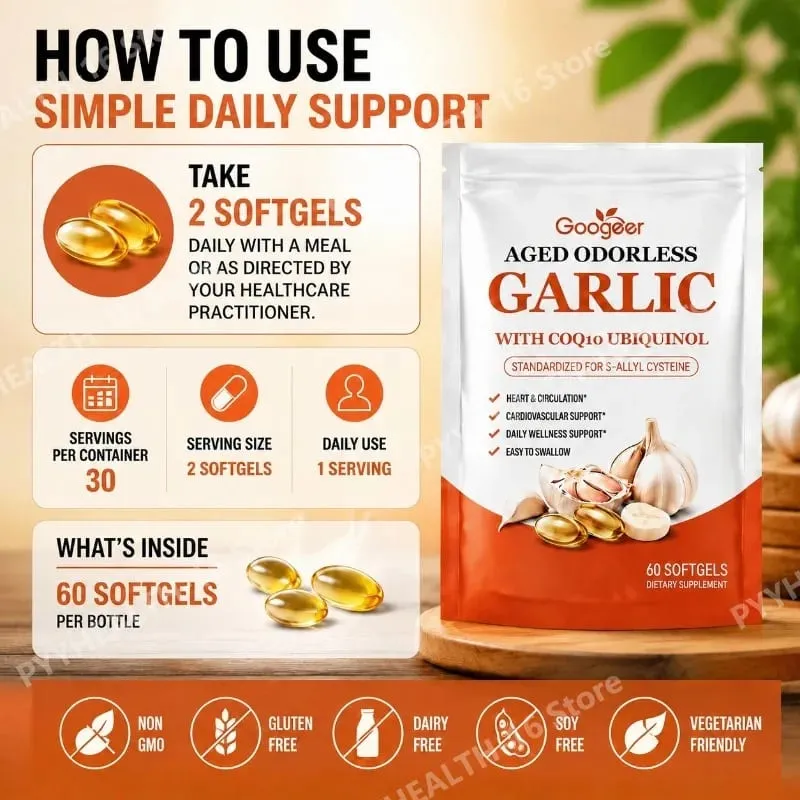 Aged Odorless Garlic Softgels with CoQ10 Ubiquinol & K2 Blood Pressure Heart & Circulation Support Cholesterol 60 Softgels