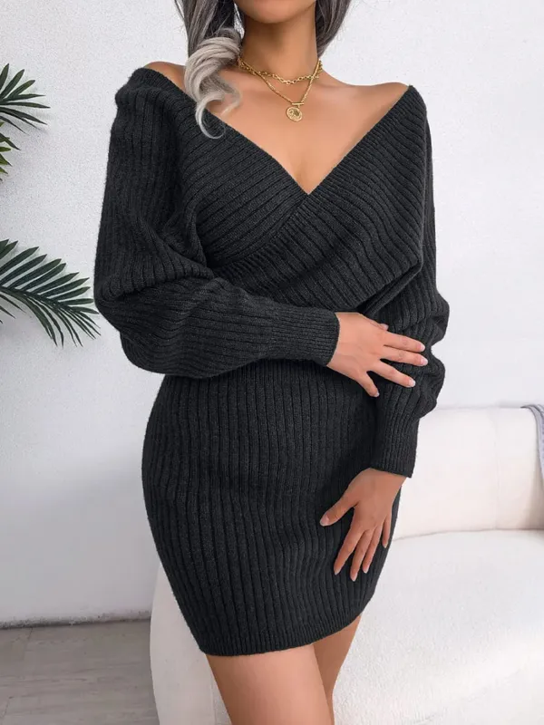 VigoCasey 2026 White Cross V Neck Short Knit Dress Spring Autumn Women Casual Long Sleeve Dress Sexy Lady Solid Knitted Dresses