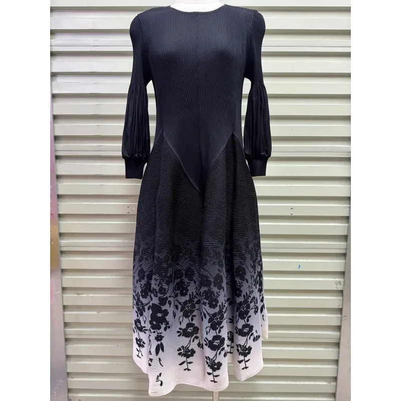 Miyake Plissee Kleider 2026 Herbst Neue Sanfte Französisch Druck Elegante Stretch Plus Größe frauen Langarm Bounce Blume Knospe kleid