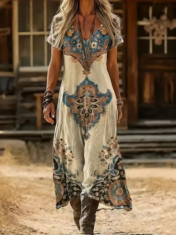 Plus Size Summer New Arrival Retro Ethnic Tie-Dye Dress V-Neck Short Sleeve Loose Boho Vacation Maxi Skirt