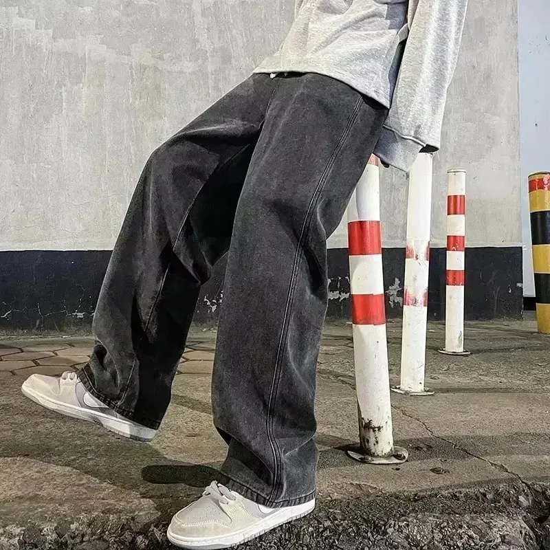 2025 New Korean Men's Casual Long Jeans Classic Man Straight Denim Wide-leg Pants Solid Color Light Blue Grey Black