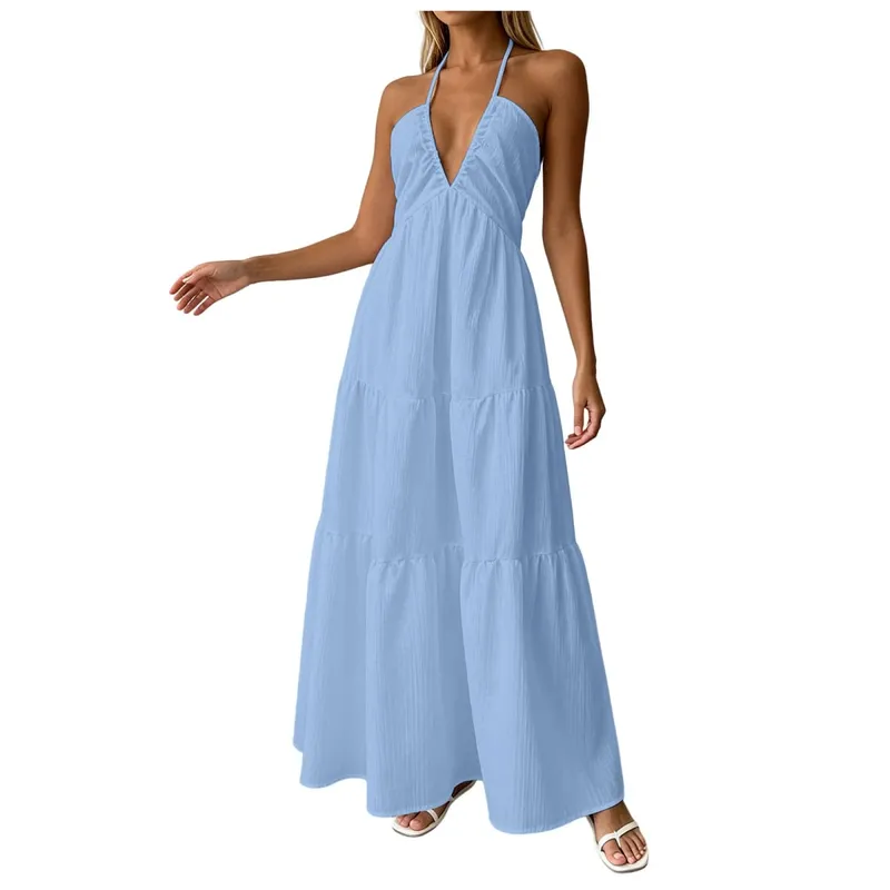 Summer Halter Neck Women's Dress Elegant Chic Wedding Party Beach Dress Backless Flowy Vacation Boho Sling Long Dresses Women