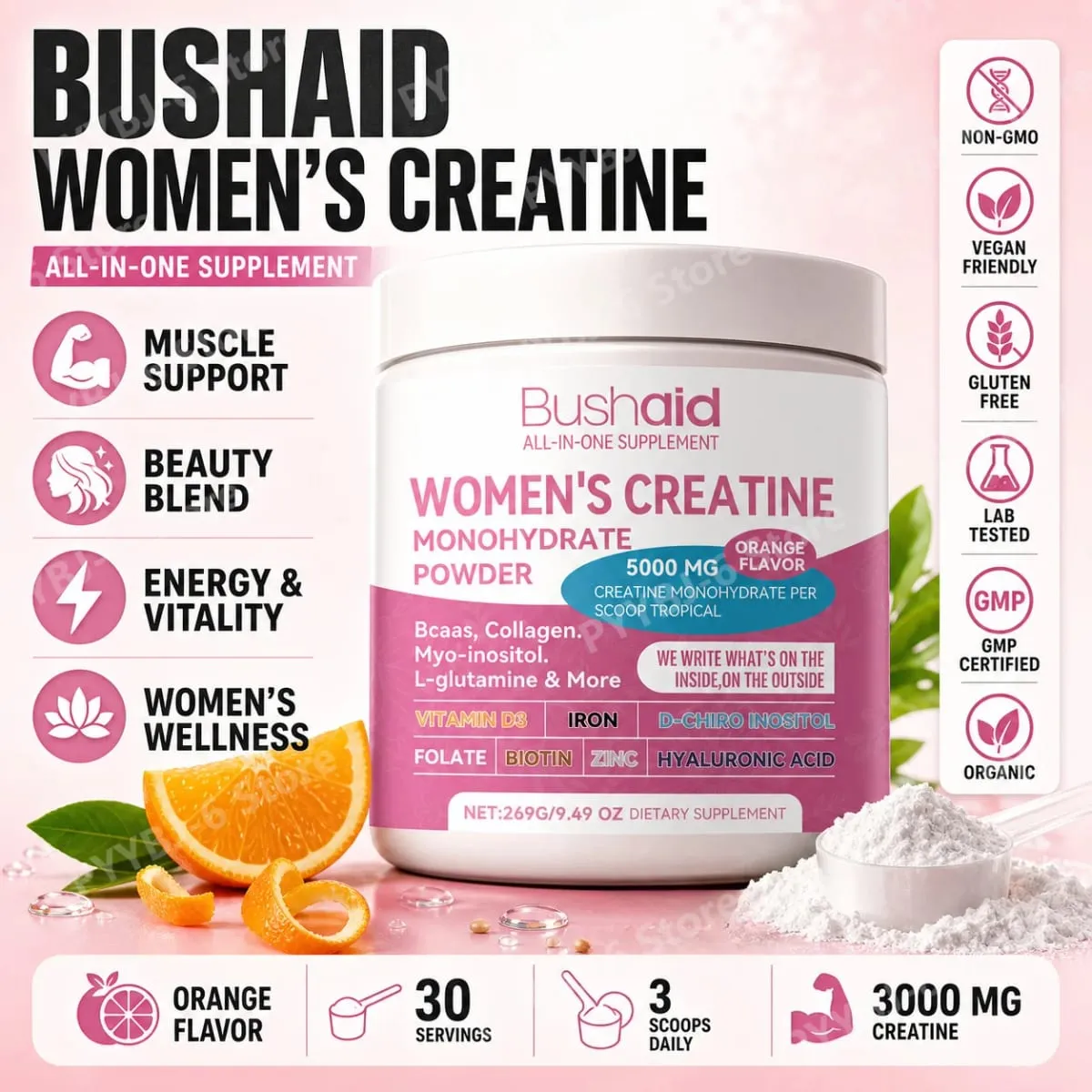 BushAid Women's Creatine Monohydrate Powder 5000mg 269G Orange Flavor with BCAA Muscle Strength Workout Support 30 Servings