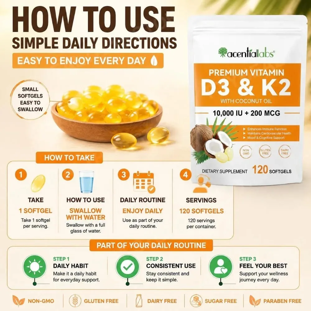 AcentiaLabs Vitamin D3 & K2 Softgels with Coconut Oil Immune Function and Bone Support Gluten Free Non-GMO 120 Softgels