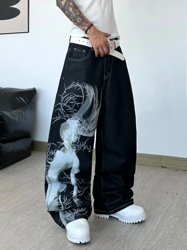 Men's High Street Dark Anime Character Thorn Print Black Baggy Wide-Leg Jeans Y2K Street Hip-Hop Punk Fashion Versatile Pants
